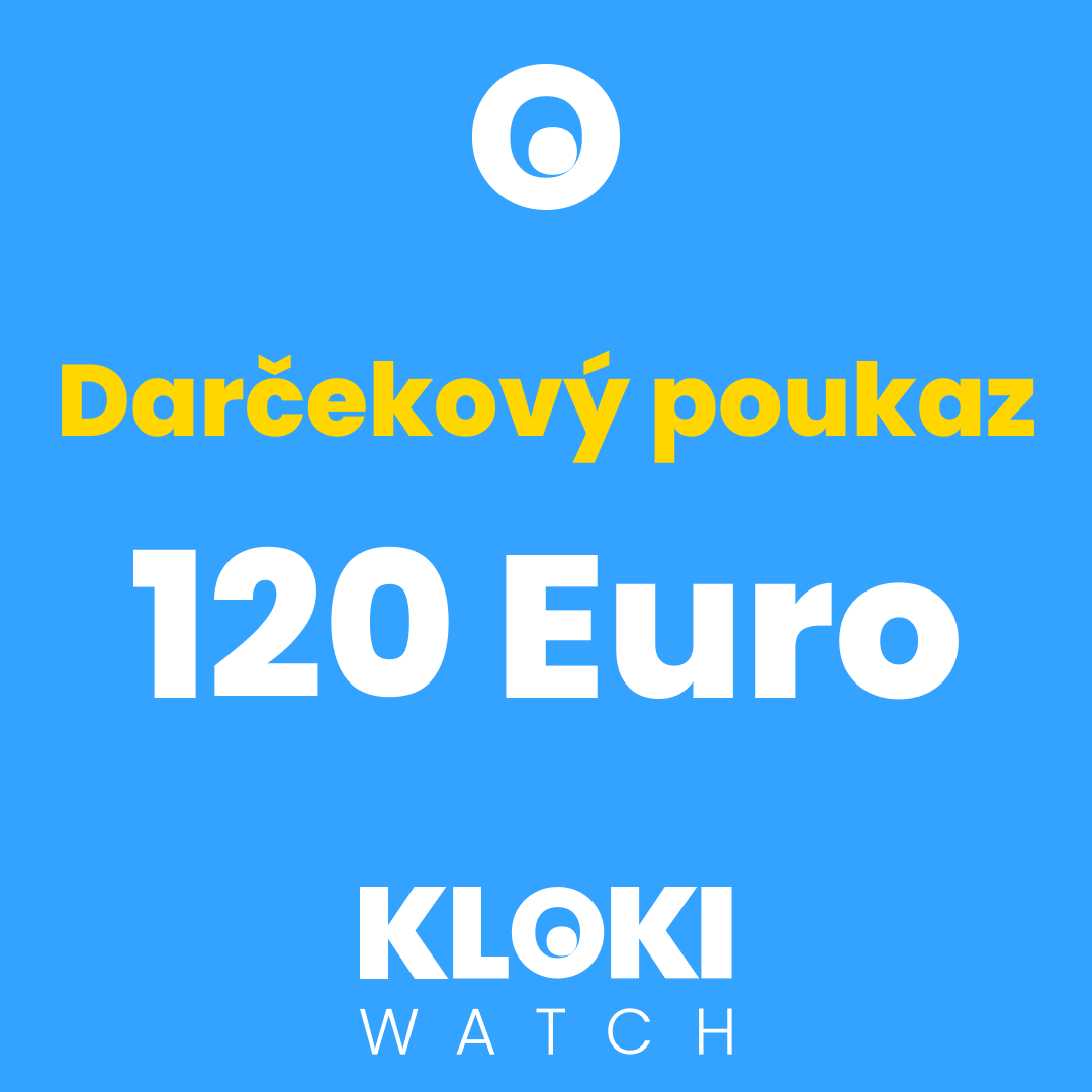 Modrý darčekový poukaz s bielym logom KLOKI WATCH a textom ‘Darčekový poukaz 120 Euro’ v žltej a bielej farbe.