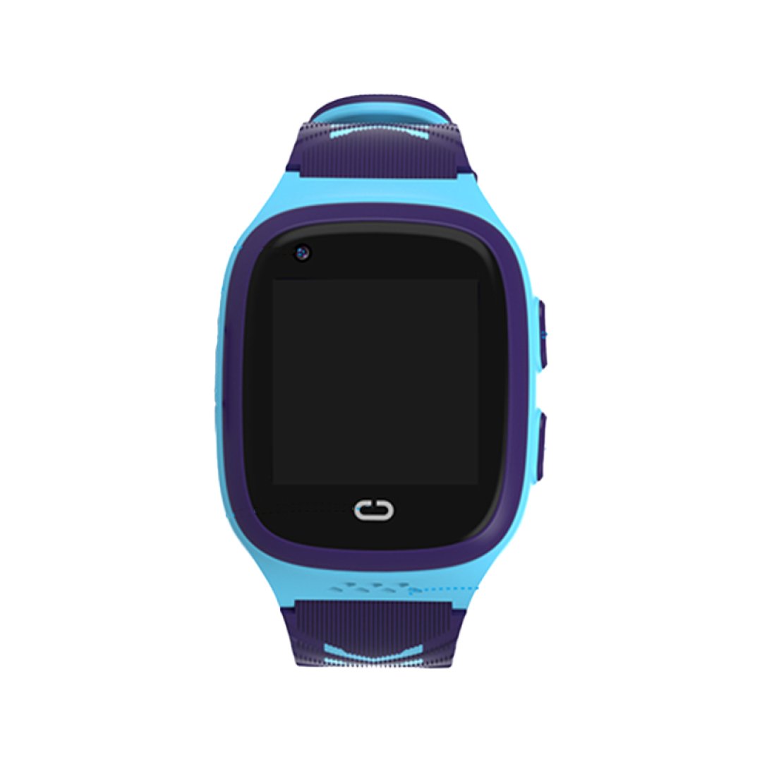 Dětské chytré hodinky KLOKI v modré barvě s černým displejem, přední kamerou a silikonovým řemínkem s modrými detaily.