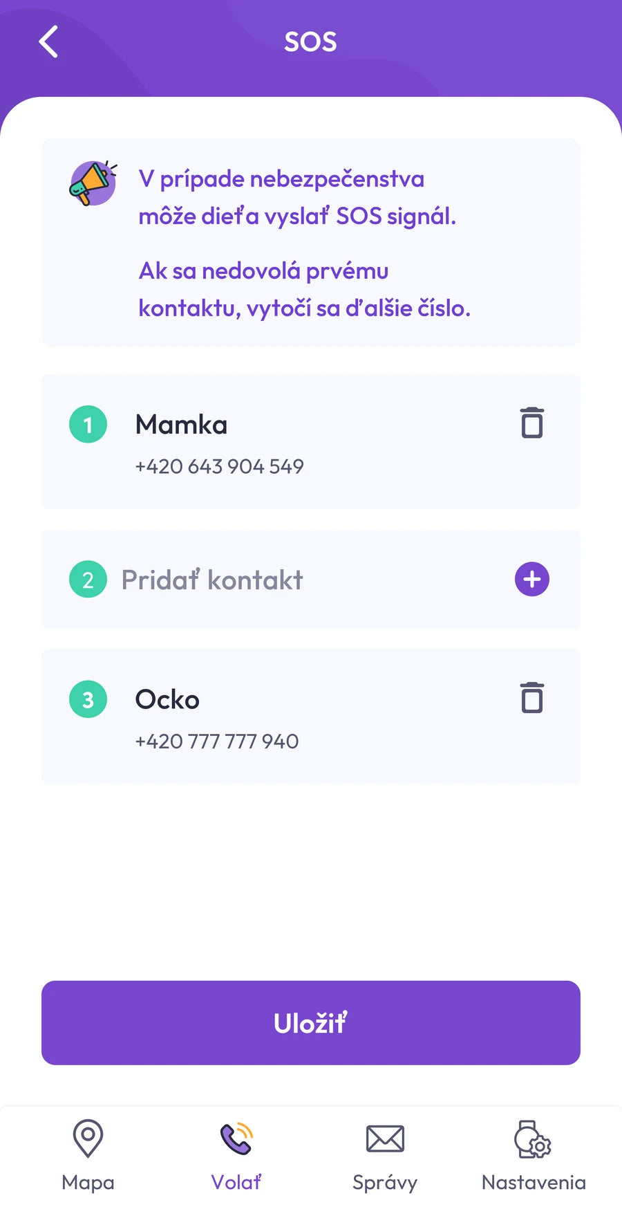 Snímka aplikácie: poradie kontaktov pre SOS