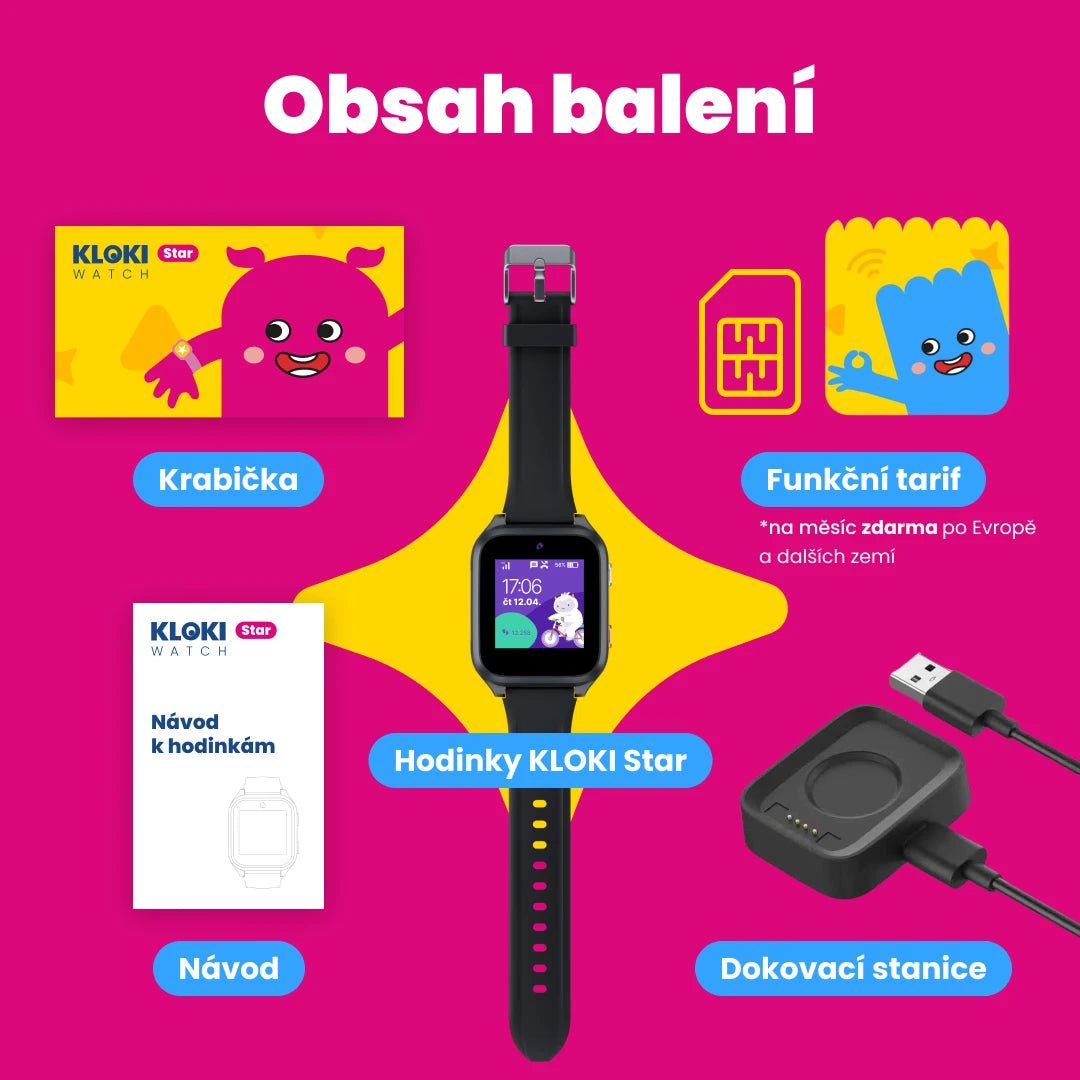 Obsah balení: dětské hodinky KLOKI Star, dokovací stanice a návod.