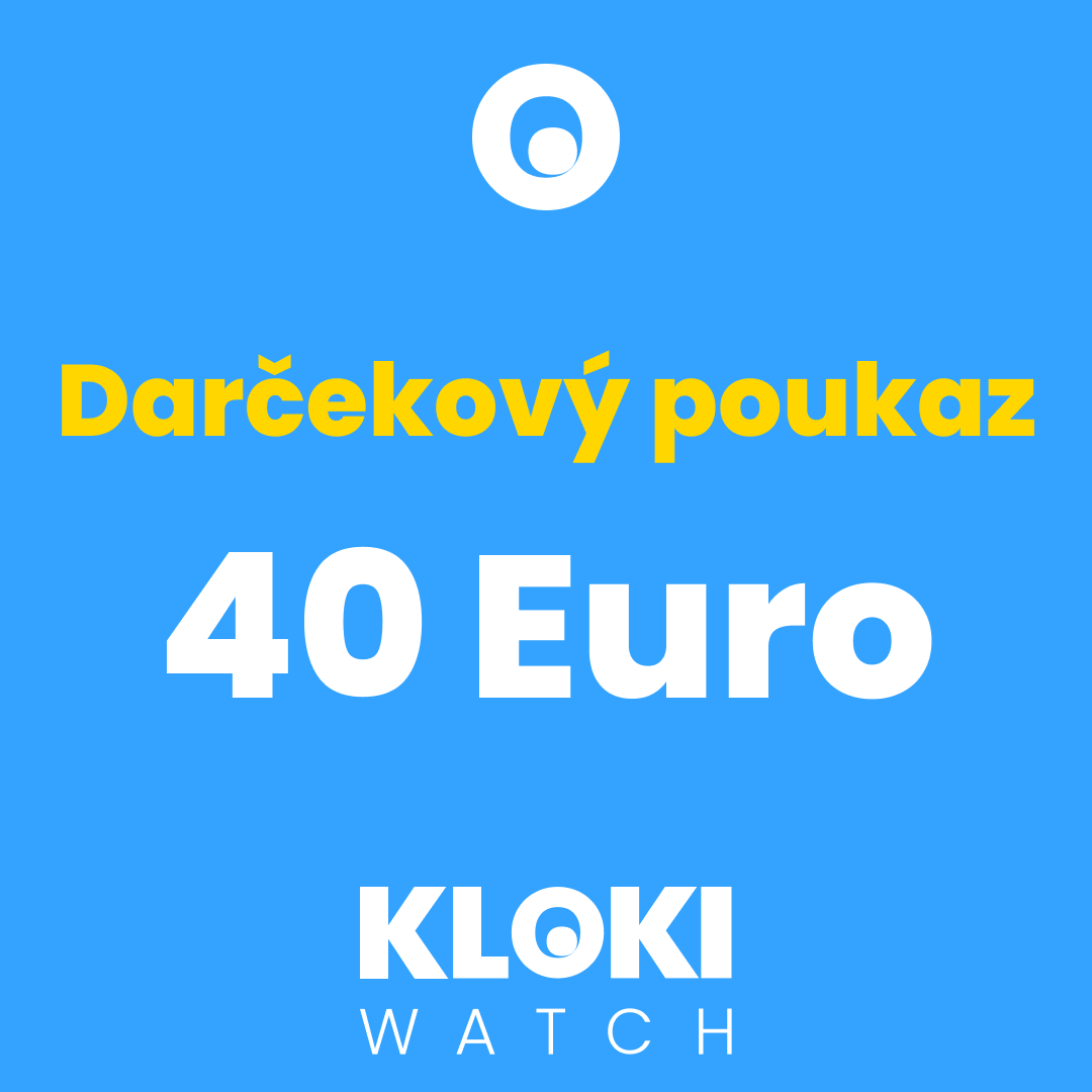 Modrý darčekový poukaz s bielym logom KLOKI WATCH a textom ‘Darčekový poukaz 40 Euro’ v žltej a bielej farbe.