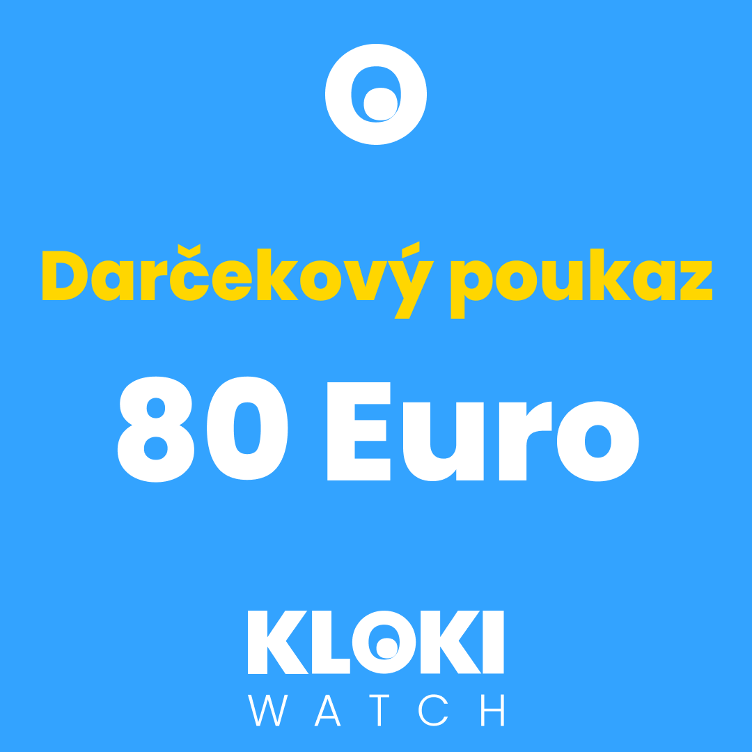Modrý darčekový poukaz s bielym logom KLOKI WATCH a textom ‘Darčekový poukaz 80 Euro’ v žltej a bielej farbe.