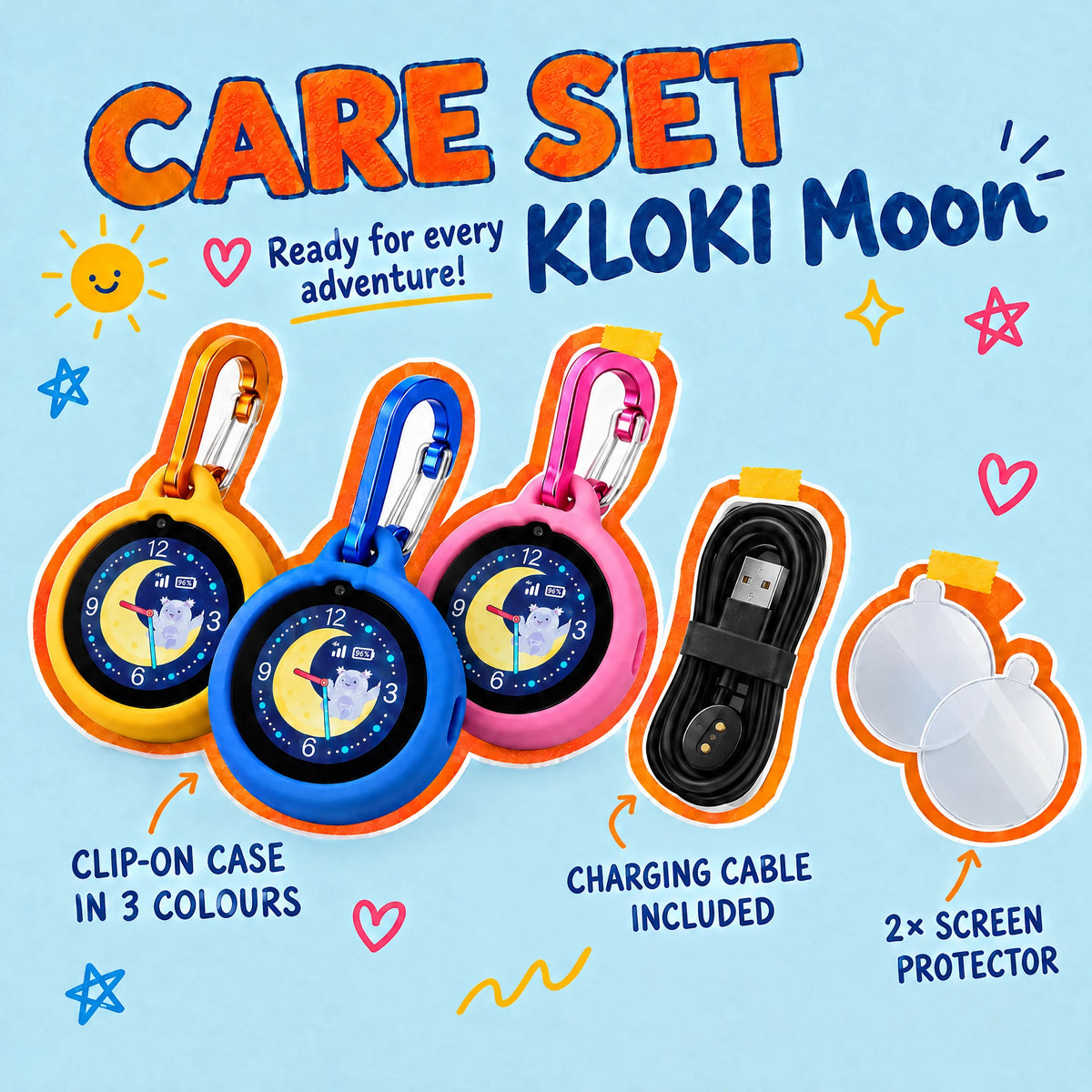 KLOKI Moon Care Set: silicone clip-on case with carabiner in three colours, charging cable and 2× screen protector