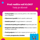 Barevný informační banner s nadpisem ‘Proč rodiče volí KLOKI? Tady je důvod!’. Bílé textové pole obsahuje seznam výhod produktu, včetně českého projektu, snadného použití, globálního pokrytí, jednoduchých plateb, bezpečného volání, české podpory a jednoho měsíce předplatného zdarma. Pozadí je kombinace růžové a žluté s barevnými kruhy. V pravém dolním rohu je usměvavá modrá kreslená postavička.