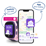 Chytré dětské hodinky KLOKI v růžové barvě zobrazující čas a kreslenou postavičku yettiho. Vedle hodinek je smartphone s otevřenou aplikací KLOKI pro rodiče, zobrazující mapu s polohou dítěte, hlasovou zprávu a možnost volání. Textové popisky ‘Hodinky pro děti’ a ‘App pro rodiče’ propojují oba zařízení.