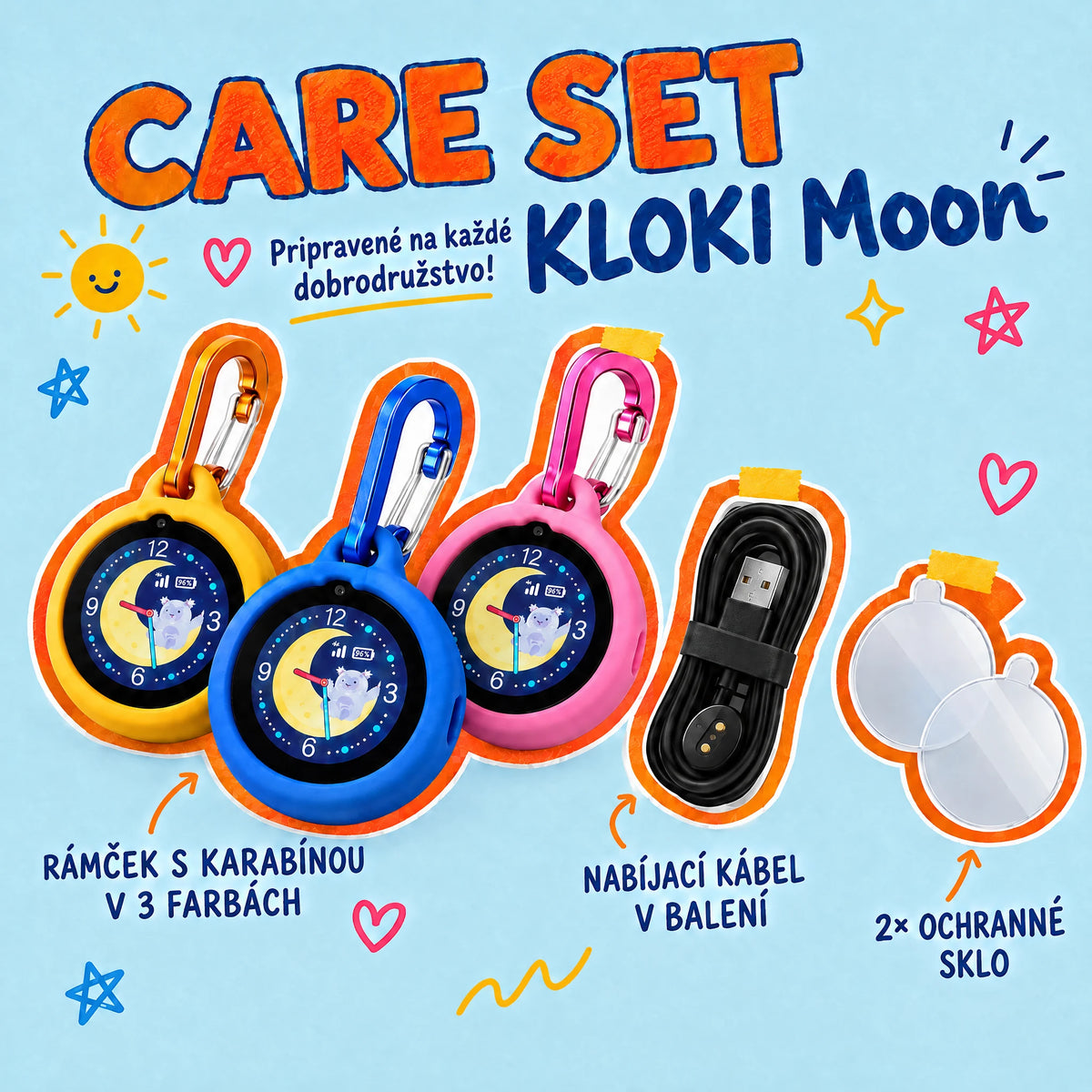 KLOKI Moon Care set: silikónový rámček s karabínou v troch farbách, nabíjací kábel a 2× ochranné sklo