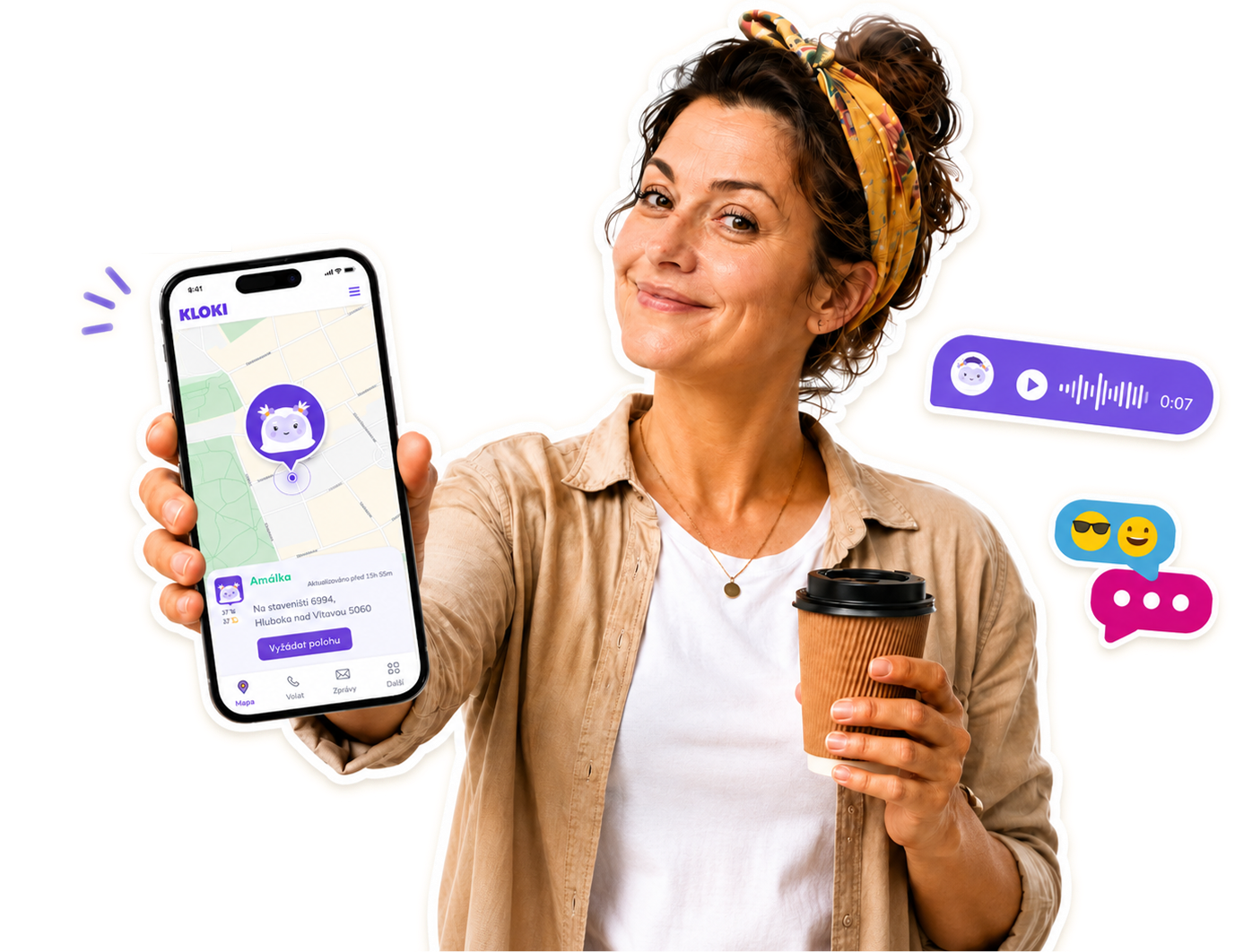 A mother with the KLOKI app open on her phone