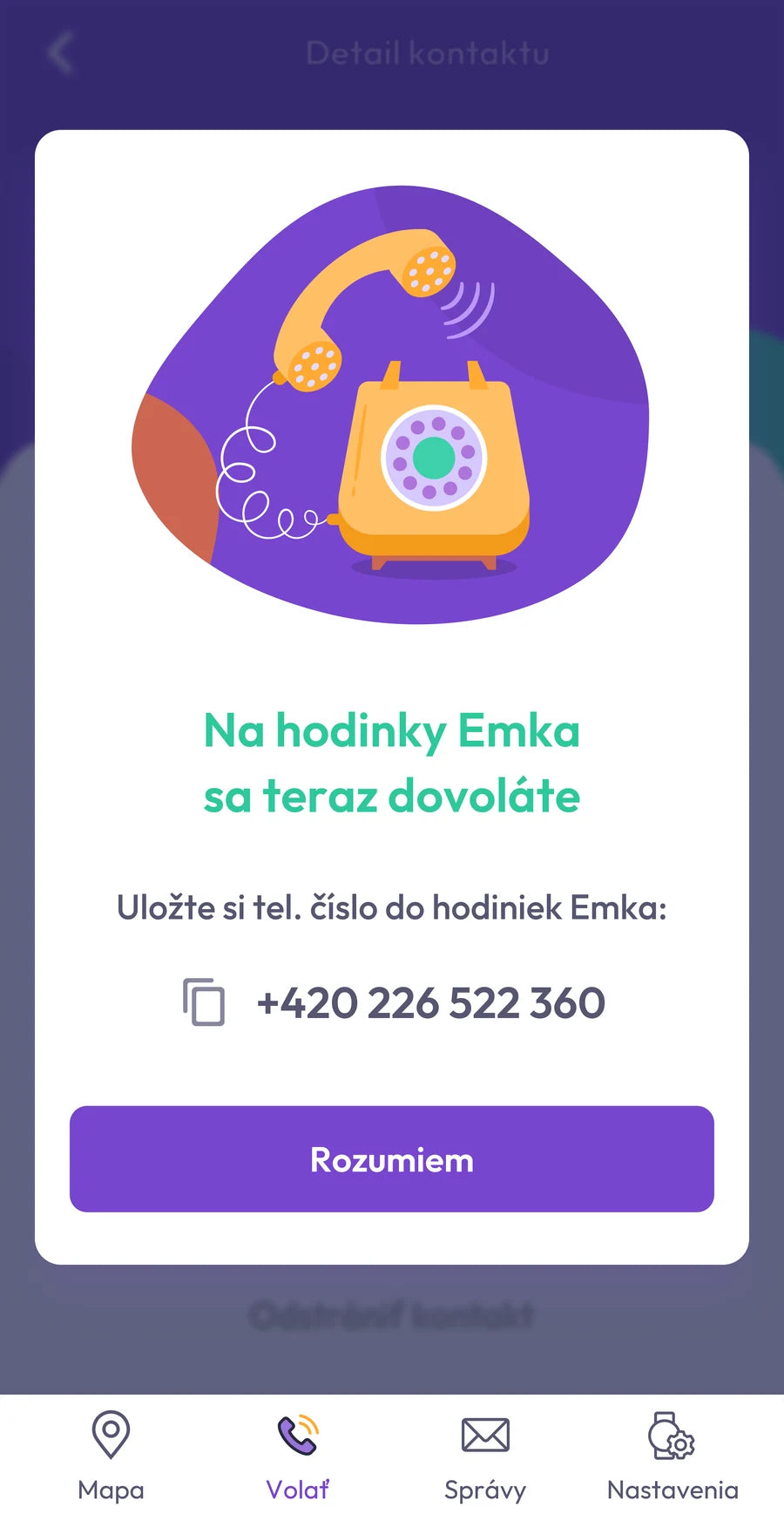 Snímka aplikácie: detail schváleného kontaktu s číslom hodiniek