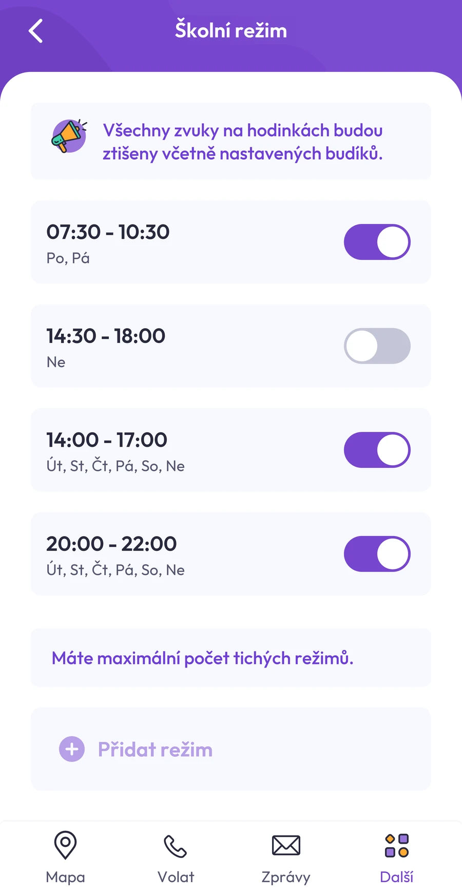 Snímek aplikace: nastavení časů školního režimu