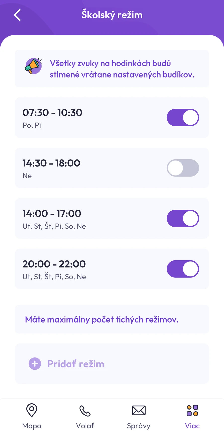 Snímka aplikácie: nastavenie časov školského režimu