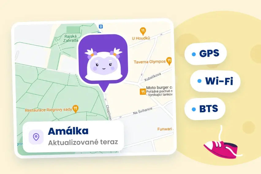 Mapa v aplikácii s aktuálnou polohou dieťaťa a časom posledného záznamu.