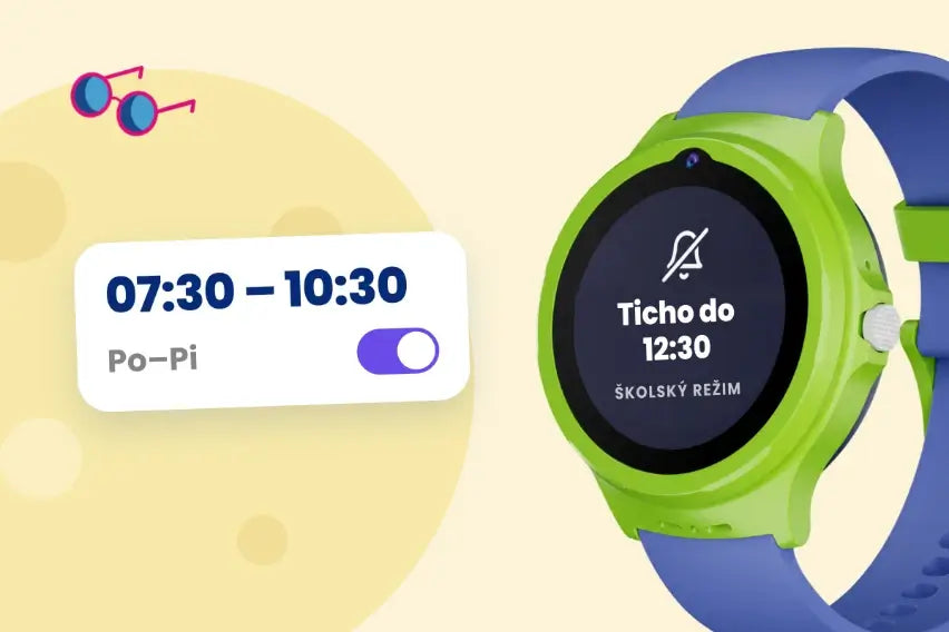 Prepínač „8:00–12:30 Po–Pi“ nad displejom s ikonou stíšenia.